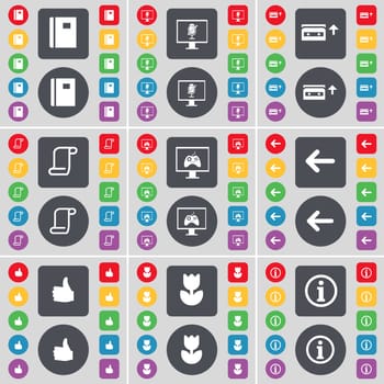 Notebook, Monitor, Cassette, Scroll, Monitor, Arrow left, Like, Flower, Information icon symbol. A large set of flat, colored buttons for your design. illustration