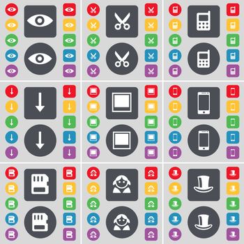 Vision, Scissors, Mobile phone, Arrow down, Window, Smartphone, SIM card, Avatar, Silk hat icon symbol. A large set of flat, colored buttons for your design. illustration