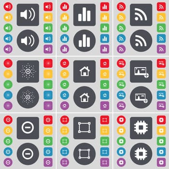 Sound, Diagram, RSS, Star, House, Picture, Minus, Frame, Processor icon symbol. A large set of flat, colored buttons for your design. illustration