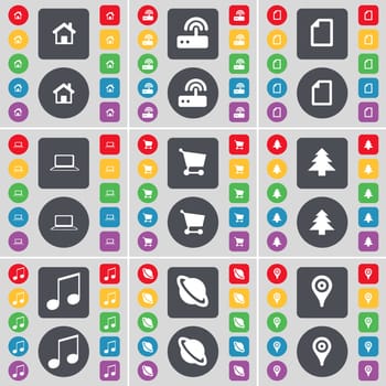 House, Router, File, Laptop, Shopping cart, Firtree, Note, Planet, Checkpoint icon symbol. A large set of flat, colored buttons for your design. illustration