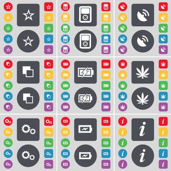 Star, Player, Satellite dish, Copy, Charging, Marijuana, Gear, Information icon symbol. A large set of flat, colored buttons for your design. illustration