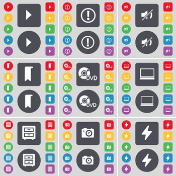 Media play, Warning, Mute, Marker, DVD, Laptop, Bed-table, Camera, Flash icon symbol. A large set of flat, colored buttons for your design. illustration