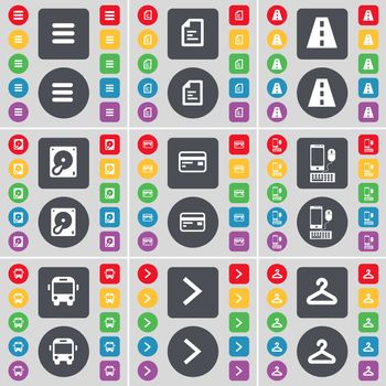 Apps, Text file, Road, Hard drive, Credit card, Smartphone, Bus, Arrow right, Hanger icon symbol. A large set of flat, colored buttons for your design. illustration