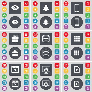 Vision, Firtree, Smartphone, Gift, Database, Apps, Window, Monitor, Media file icon symbol. A large set of flat, colored buttons for your design. illustration