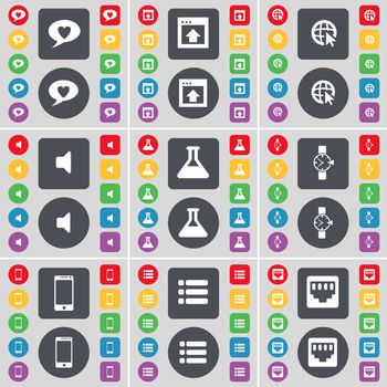 Chat bubble, Window, Web cursor, Sound, Flask, Wrist watch, Smartphone, List, LAN socket icon symbol. A large set of flat, colored buttons for your design. illustration