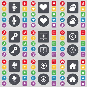 Wrist watch, Heart, Cloud, Keyboard, Monitor, Arrow left, Film camera, Plus, House icon symbol. A large set of flat, colored buttons for your design. illustration