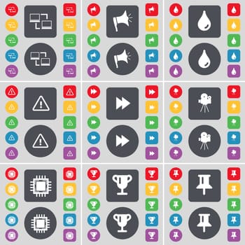 Connection, Megaphone, Drop, Warning, Rewind, Film camera, Processor, Cup, Pin icon symbol. A large set of flat, colored buttons for your design. illustration
