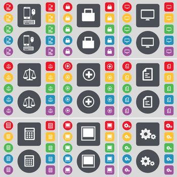Smartphone, Lock, Monitor, Scales, Plus, Text file, Calculator, Window, Gear icon symbol. A large set of flat, colored buttons for your design. illustration