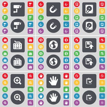 CCTV, Magnet, Hard drive, Keyboard, Earth, Floppy, Magnifying glass, hand, Survey icon symbol. A large set of flat, colored buttons for your design. illustration