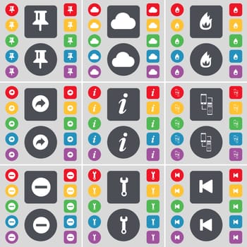 Pin, Cloud, Fire, Back, Information, Connection, Minus, Wrench, Media skip icon symbol. A large set of flat, colored buttons for your design. illustration