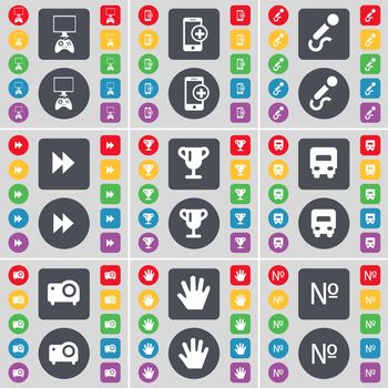 Gamepad, Smartphone, Microphone, Rewind, Cup, Truck, Projector, Hand, Number icon symbol. A large set of flat, colored buttons for your design. illustration
