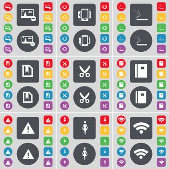 Picture, Smartphone, Cigarette, File, Scissors, Notebook, Warning, Silhouette, Wi-Fi icon symbol. A large set of flat, colored buttons for your design. illustration