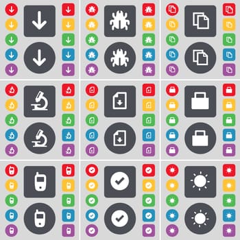 Arrow down, Bug, Copy, Microscope, Download file, Lock, Mobile phone, Tick, Light icon symbol. A large set of flat, colored buttons for your design. illustration