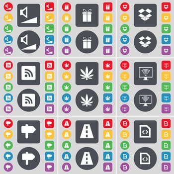 Volume, Gift, Dropbox, RSS, Marijuana, Monitor, Signpost, Road, File icon symbol. A large set of flat, colored buttons for your design. illustration