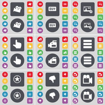 Film camera, Buy, Picture, Hand, Film camera, Apps, Star, Dislike, Film camera icon symbol. A large set of flat, colored buttons for your design. illustration