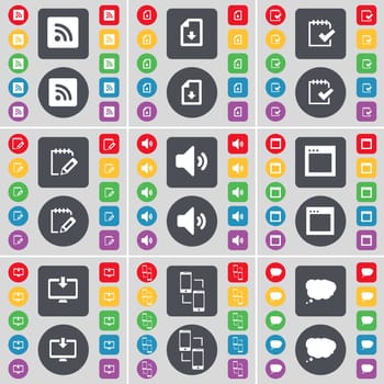 RSS, Download file, Survey, Sound, Window, Monitor, Connection, Chat cloud icon symbol. A large set of flat, colored buttons for your design. illustration