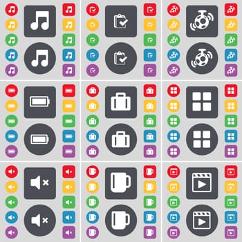 Note, Survey, Speaker, Battery, Suitcase, Apps, Mute, Cup, Media player icon symbol. A large set of flat, colored buttons for your design. illustration