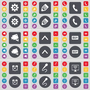 Gear, Pencil, Receiver, CCTV, Arrow up, Buy, Alarm clock, Microphone, Monitor icon symbol. A large set of flat, colored buttons for your design. illustration