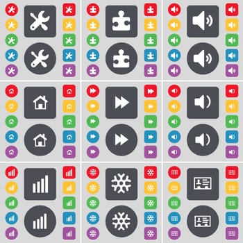 Wrench, Puzzle, Sound, House, Rewind, Sound, Diagram, Snowflake, Contact icon symbol. A large set of flat, colored buttons for your design. illustration
