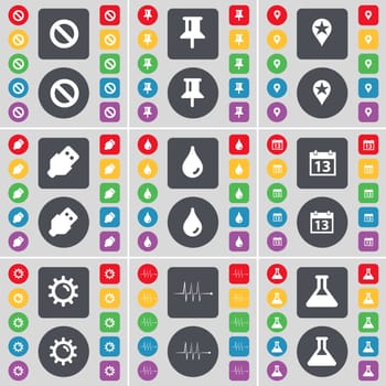 Stop, Pin, Checkpoint, USB, Drop, Calendar, Gear, Pulse, Flask icon symbol. A large set of flat, colored buttons for your design. illustration