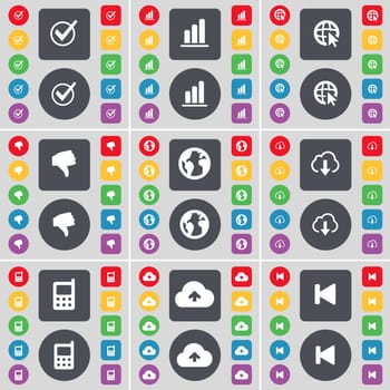 Tick, Diagram, Web cursor, Dislike, Earth, Cloud, Mobile phone, Cloud, Media skip icon symbol. A large set of flat, colored buttons for your design. illustration