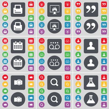 Printer, Monitor, Quotation mark, Calendar, Cassette, Avatar, Camera, Magnifying glass, Flask icon symbol. A large set of flat, colored buttons for your design. illustration