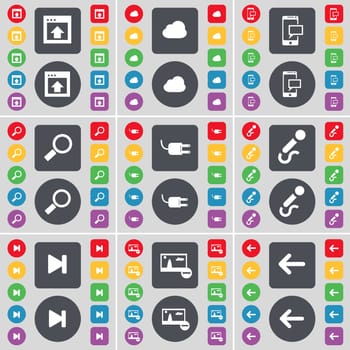 Window, Cloud, SMS, Magnifying glass, Socket, Microphone, Media skip, Picture, Arrow left icon symbol. A large set of flat, colored buttons for your design. illustration