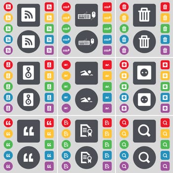RSS, Keyboard, Trash can, Speaker, Swimmer, Socket, Question mark, Text file, Magnifying glass icon symbol. A large set of flat, colored buttons for your design. illustration