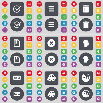 Tick, Apps, Trash can, File, Stop, Silhouette, Sell, Car, Yin-Yang icon symbol. A large set of flat, colored buttons for your design. illustration
