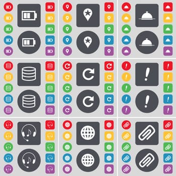 Battery, Checkpoint, Tray, Database, Reload, Exclamation, Headphones, Globe, Clip icon symbol. A large set of flat, colored buttons for your design. illustration