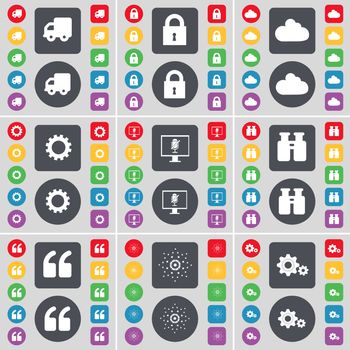 Truck, Lock, Cloud, Gear, Monitor, Binoculars, Quotation mark, Star, Gear icon symbol. A large set of flat, colored buttons for your design. illustration
