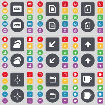 Cassette, Text file, Download file, Cloud, Deploying screen, Arrow up, Connection, Calendar, Cup icon symbol. A large set of flat, colored buttons for your design. illustration