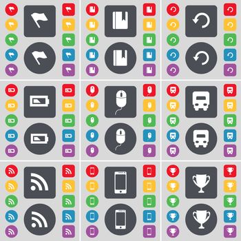 Flag, Dictionary, Reload, Battery, Mouse, Truck, RSS, Smartphone, Cup icon symbol. A large set of flat, colored buttons for your design. illustration