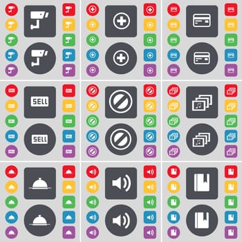 CCTV, Plus, Credit card, Sell, Stop, Gallery, Tray, Sound, Dictionary icon symbol. A large set of flat, colored buttons for your design. illustration