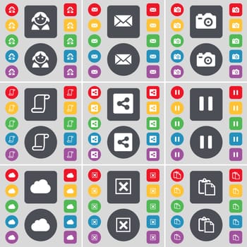 Avatar, Message, Camera, Scroll, Share, Pause, Cloud, Stop, Survey icon symbol. A large set of flat, colored buttons for your design. illustration