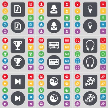 Music file, Avatar, Checkpoint, Cup, Record-player, Headphones, Media skip, Yin-Yang, Speaker icon symbol. A large set of flat, colored buttons for your design. illustration