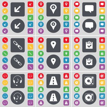 Deploying screen, Checkpoint, Chat bubble, Link, Survey, Headphones, Road, Gramophone icon symbol. A large set of flat, colored buttons for your design. illustration