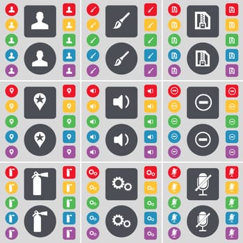 Avatar, Brush, ZIP card, Checkpoint, Sound, Minus, Fire extinguisher, Gear, Microphone icon symbol. A large set of flat, colored buttons for your design. illustration