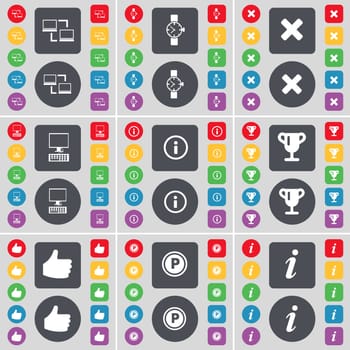 Connection, Wrist watch, Stop, PC, Information, Cup, Hand, Parking, Information icon symbol. A large set of flat, colored buttons for your design. illustration