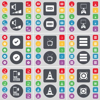 Volume, Cassette, PC, Tick, Retro TV, Apps, Smartphone, Cone, Speaker icon symbol. A large set of flat, colored buttons for your design. illustration