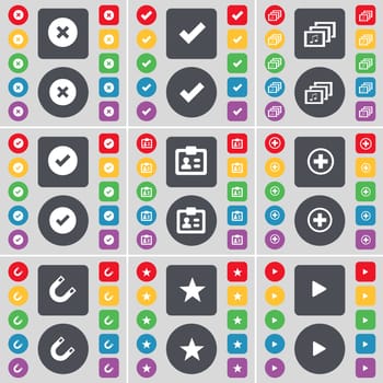 Stop, Tick, Gallery, Tick, Contact, Plus, Magnet, Star, Media play icon symbol. A large set of flat, colored buttons for your design. illustration