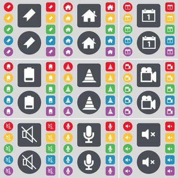 Marker, House, Calendar, Battery, Cone, Film camera, Mute, Microphone, Mute icon symbol. A large set of flat, colored buttons for your design. illustration