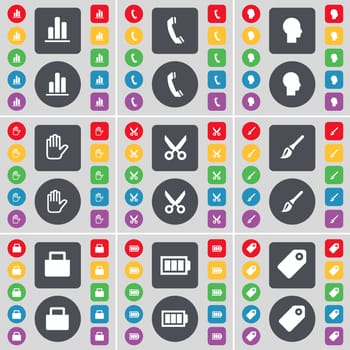 Diagram, Receiver, Silhouette, Hand, Scissors, Brush, Lock, Battery, Tag icon symbol. A large set of flat, colored buttons for your design. illustration