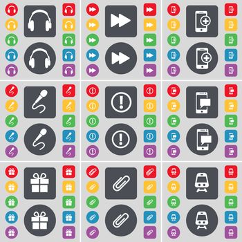 Headphones, Rewind, Smartphone, Microphone, Warning, SMS, Gift, Clip, Train icon symbol. A large set of flat, colored buttons for your design. illustration