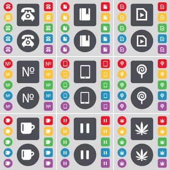 Retro phone, Dictionary, Media file, Number, Tablet PC, Lollipop, Cup, Pause, Marijuana icon symbol. A large set of flat, colored buttons for your design. illustration