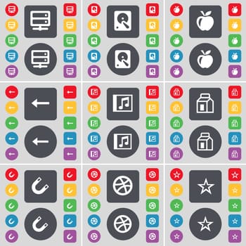 Server, Hard drive, Apple, Arrow left, Music window, Packing, Magnet, Ball, Star icon symbol. A large set of flat, colored buttons for your design. illustration