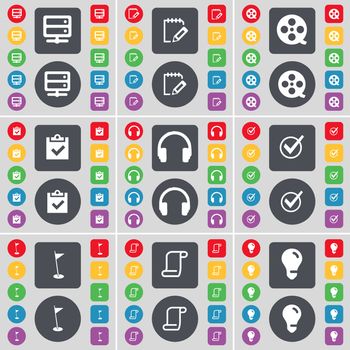 Server, Notebook, Videotape, Survey, Headphones, Tick, Golf hole, Scroll, Light bulb icon symbol. A large set of flat, colored buttons for your design. illustration