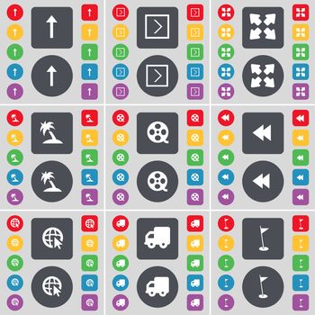 Arrow up, Arrow right, Full screen, Palm, Videotape, Rewind, Web cursor, Truck, Golf hole icon symbol. A large set of flat, colored buttons for your design. illustration