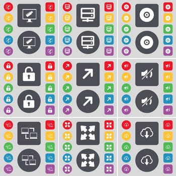 Monitor, Server, Disk, Lock, Full screen, Mute, Connection, Full screen, Cloud icon symbol. A large set of flat, colored buttons for your design. illustration