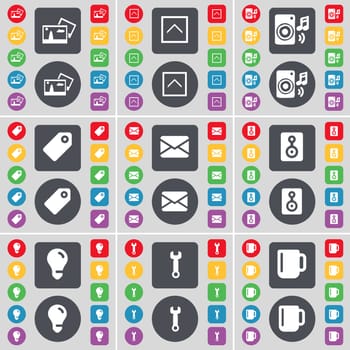 Picture, Arrow up, Speaker, Tag, Message, Speaker, Light bulb, Wrench, Cup icon symbol. A large set of flat, colored buttons for your design. illustration